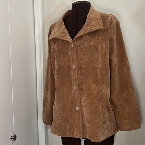 Alia Petite Corduroy Snap Button Collared Trucker Jacket with darting brown​